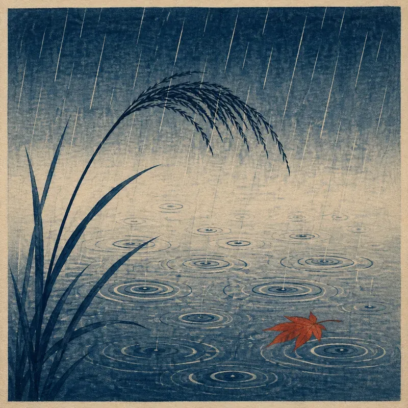 静かな池に雨が落ち、波紋が広がる様子を描いた木版画
