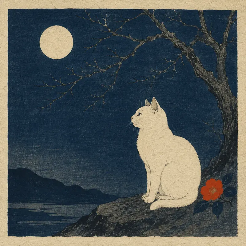 夜の枝の下にすわる白い猫を描いた木版画