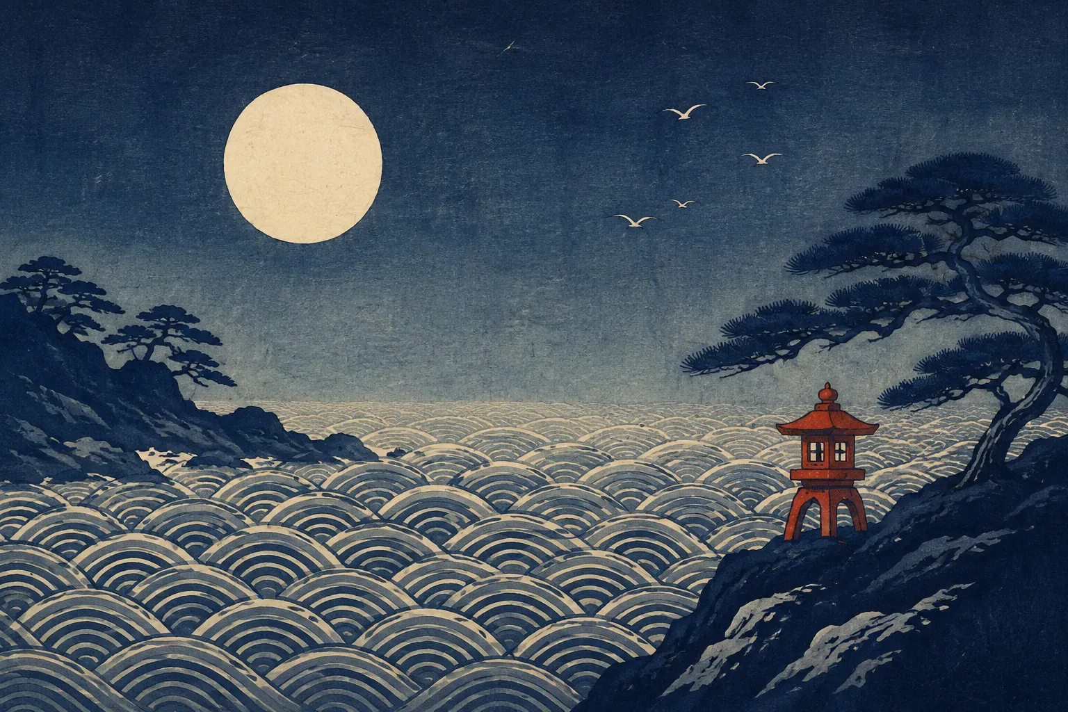 月あかりの下、青海波の文様のように連なる夜の波を描いた木版画